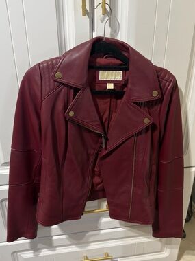 MICHAEL Michael Kors Wine Red Leather Moto Jacket